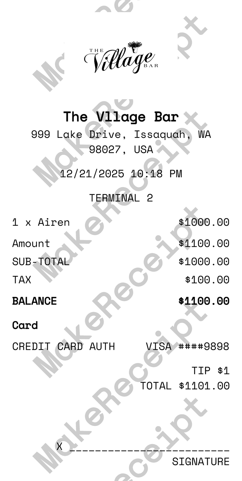 Bar / Pub Receipt preview