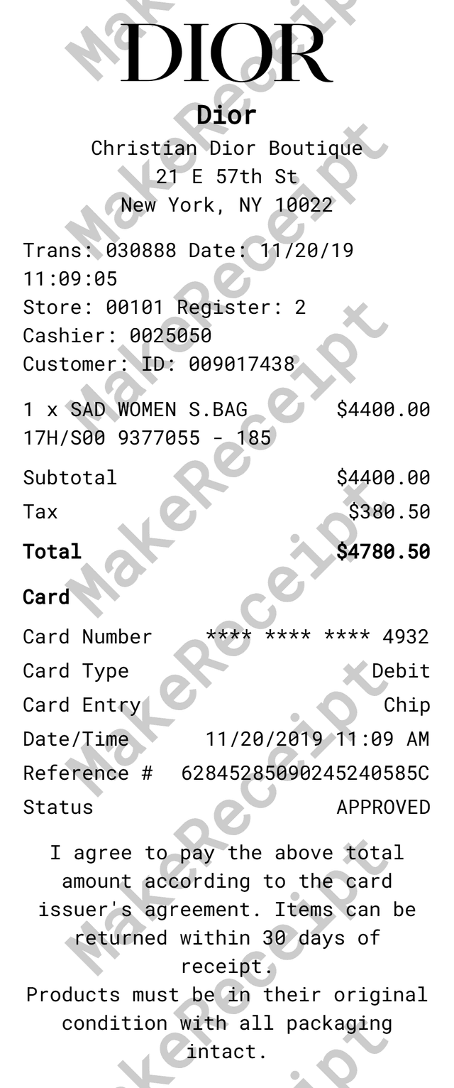 Dior Receipt preview