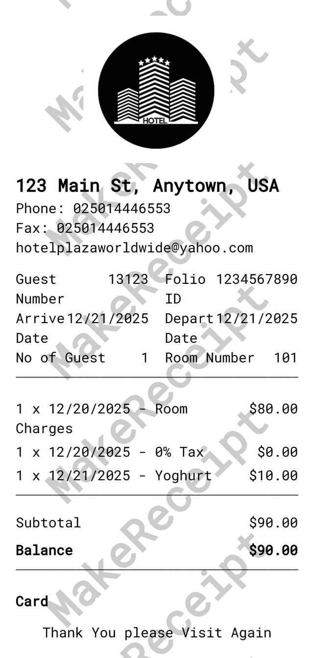 Hotel Room Receipt preview