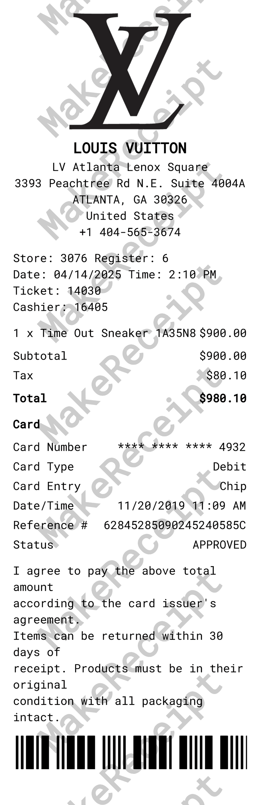 Louis Vuitton Receipt preview