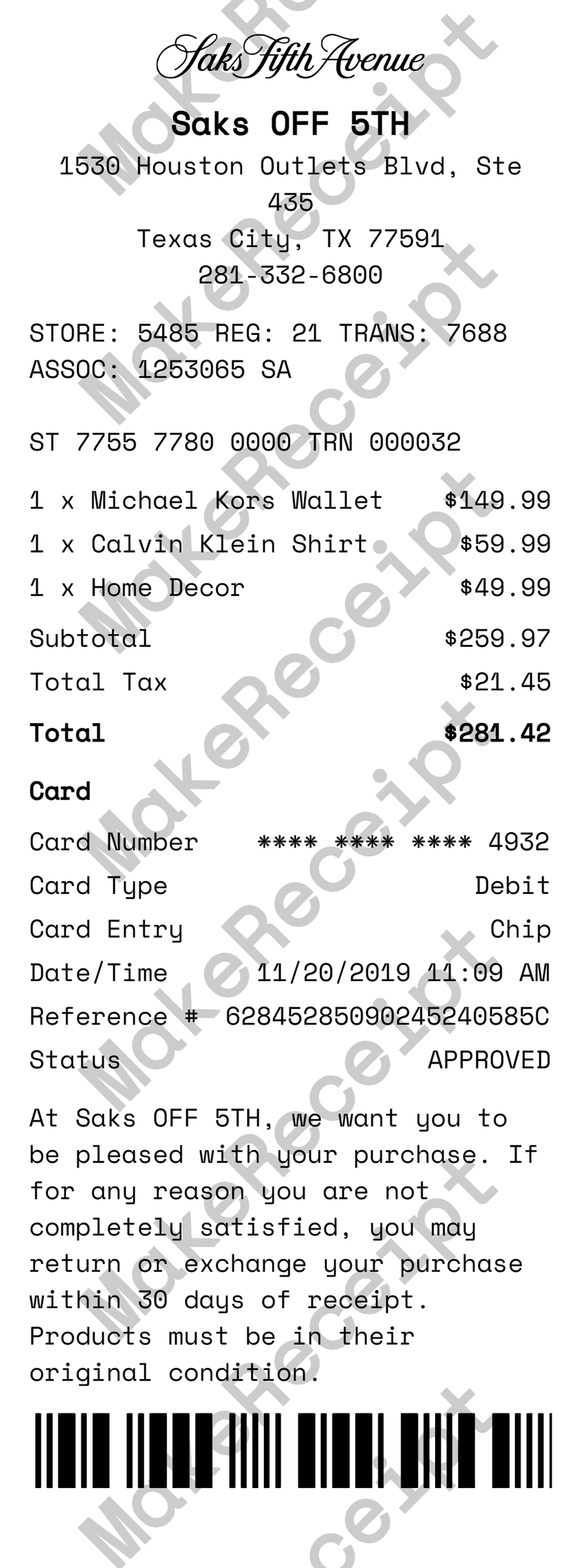 Saks Fifth Avenue Receipt preview