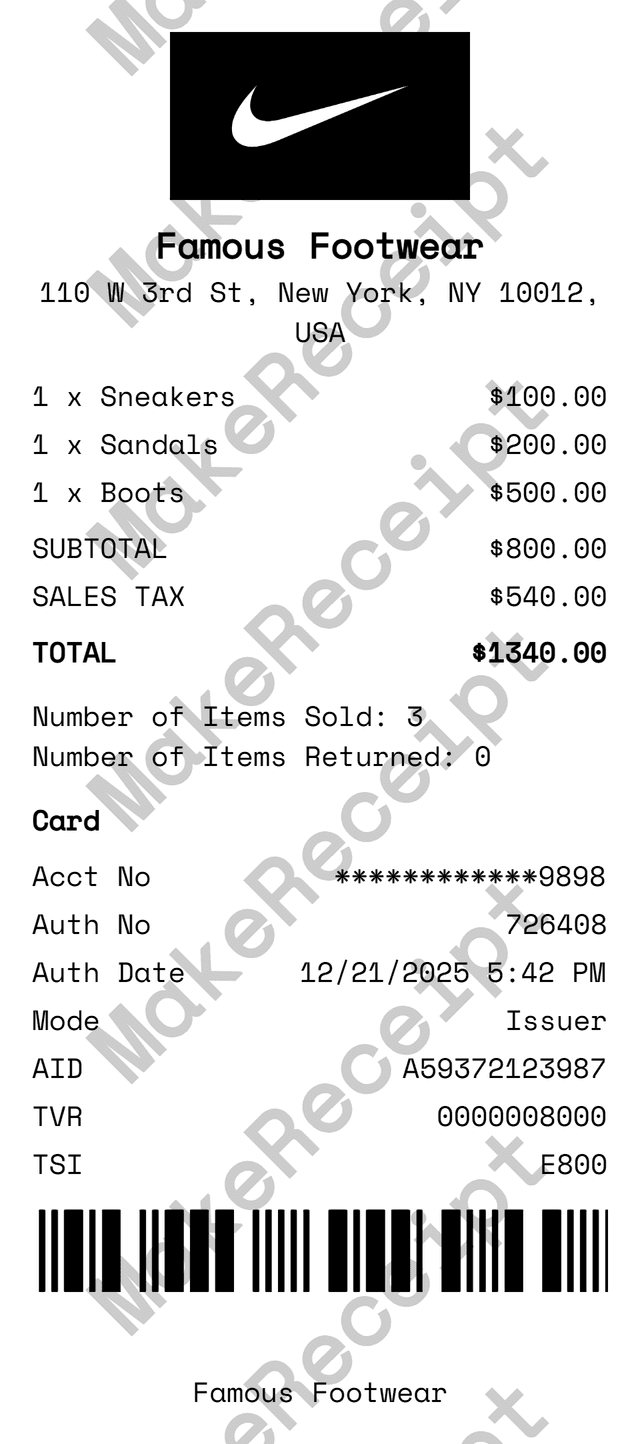 Shoe Store Receipt preview