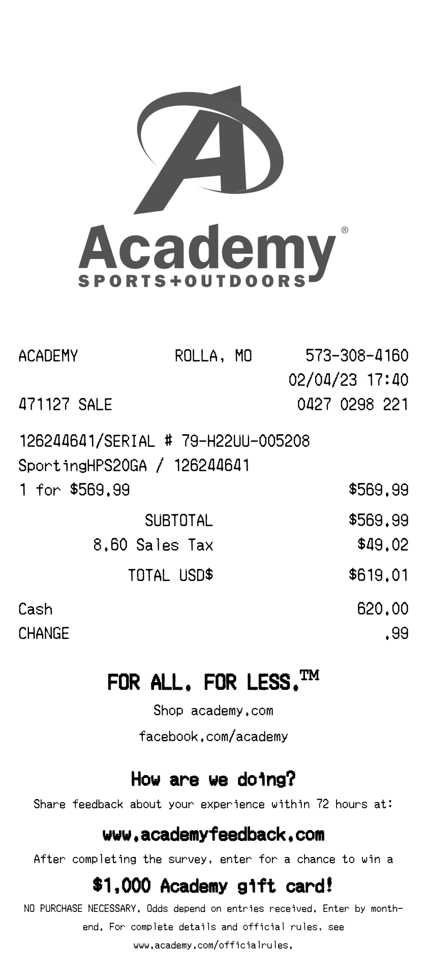 Editable Academy Sports Receipt template preview, free receipt generator