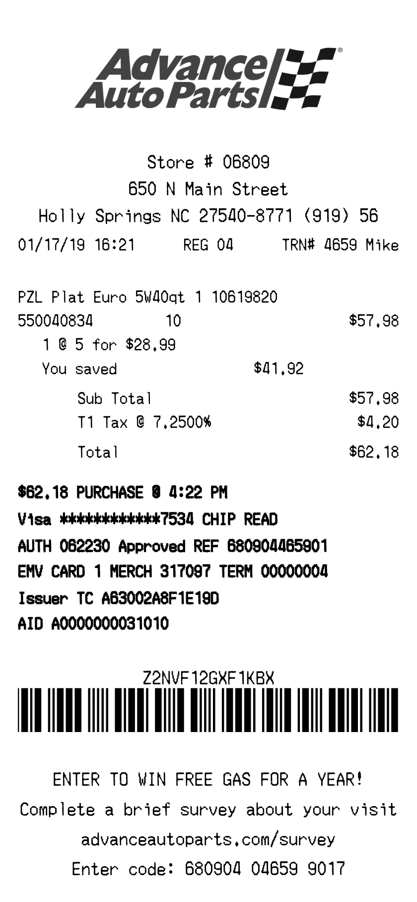 Editable Advance Auto Parts Receipt template preview, free receipt generator