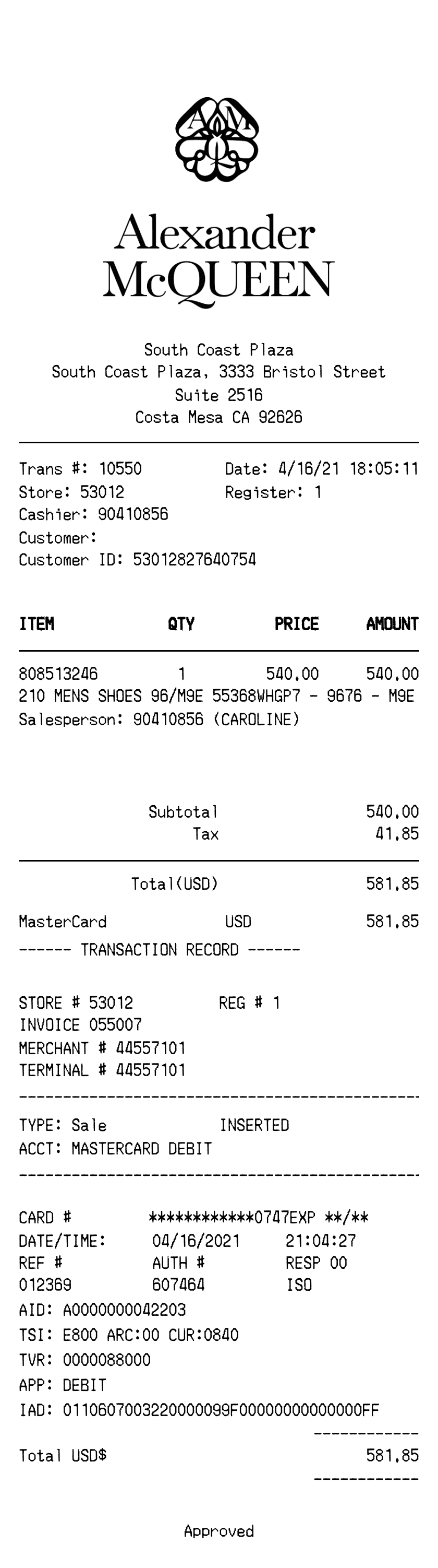 Editable Alexander McQueen Receipt template preview, free receipt generator