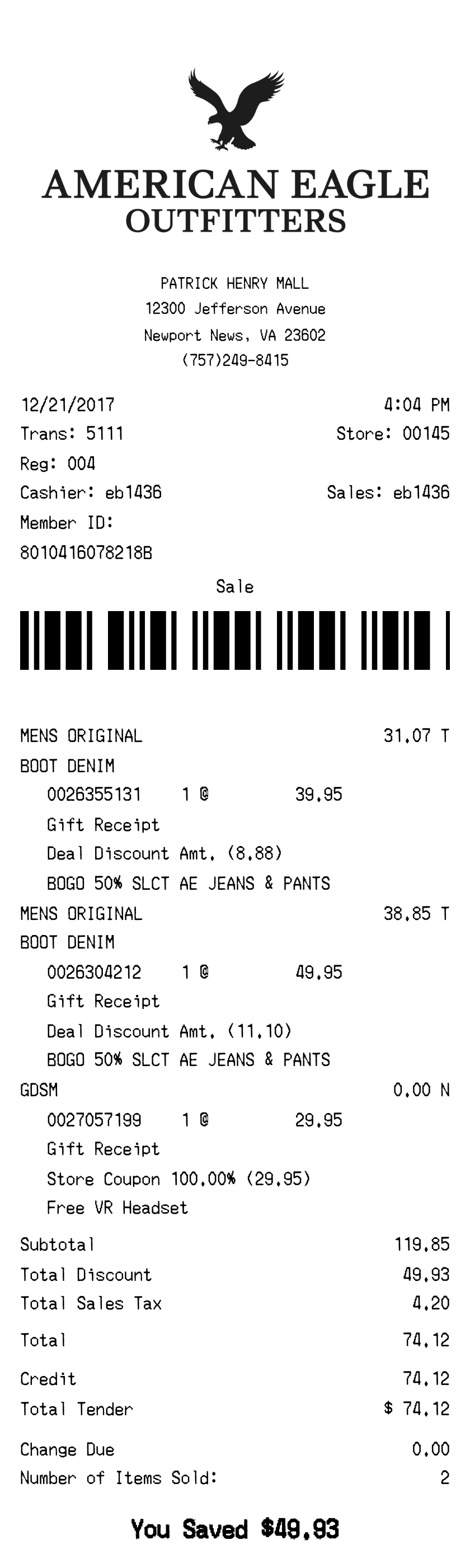 Editable American Eagle Receipt template preview, free receipt generator