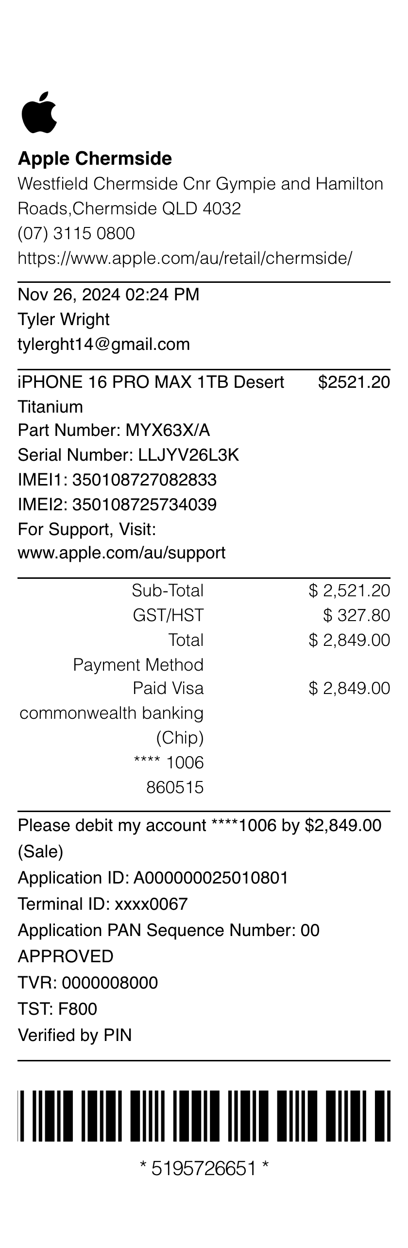 AI-generated Apple Store receipt for an iPhone 16 Pro Max