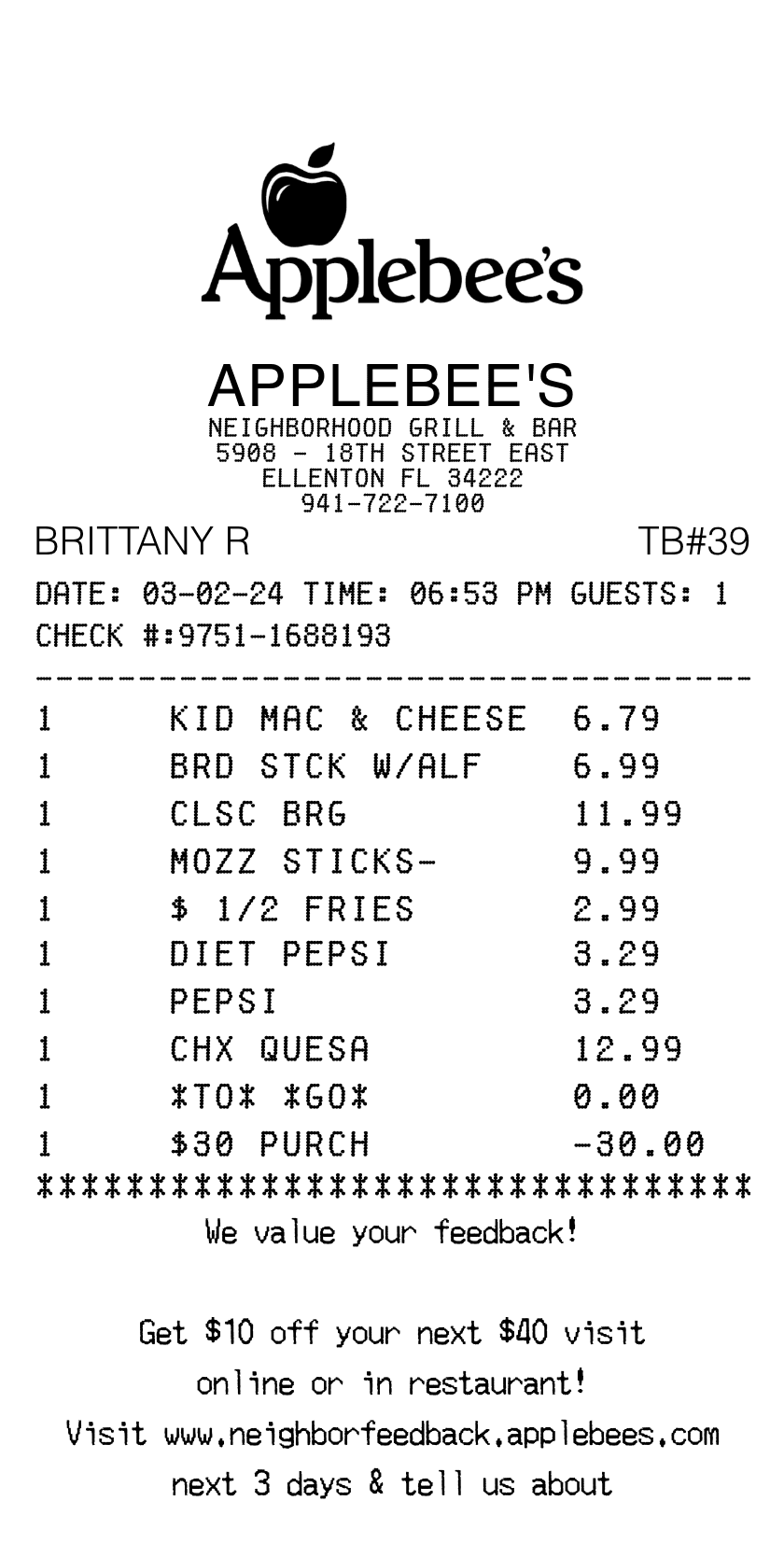 Editable Applebee's Receipt template preview, free receipt generator