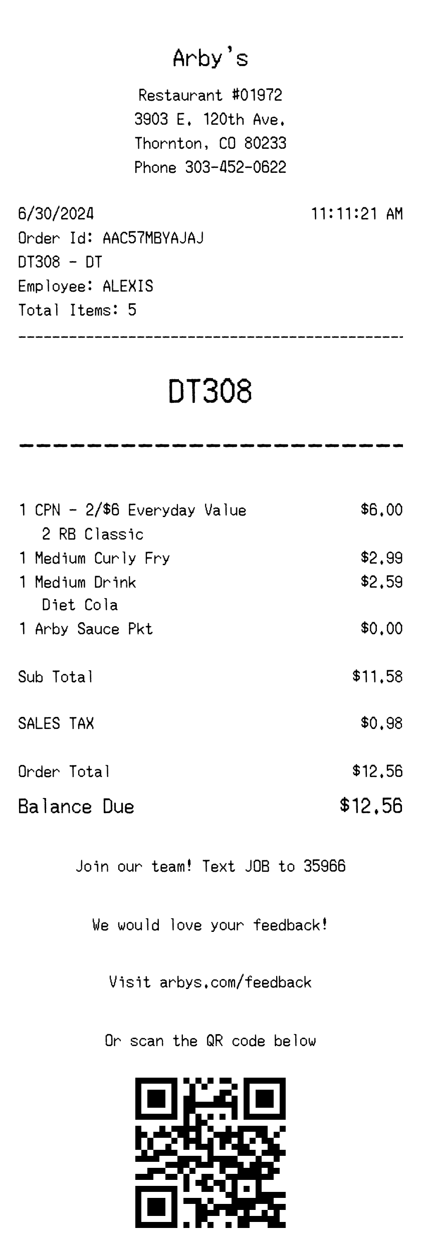 Editable Arby's Receipt template preview, free receipt generator