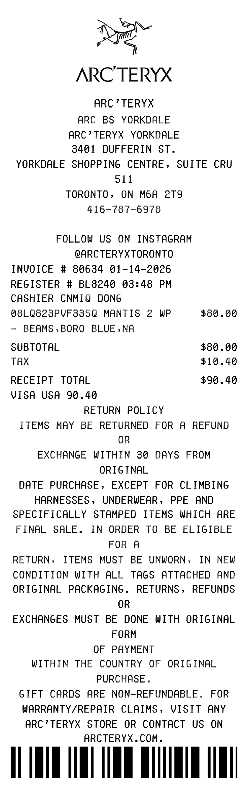 Editable Arcteryx Receipt template preview, free receipt generator