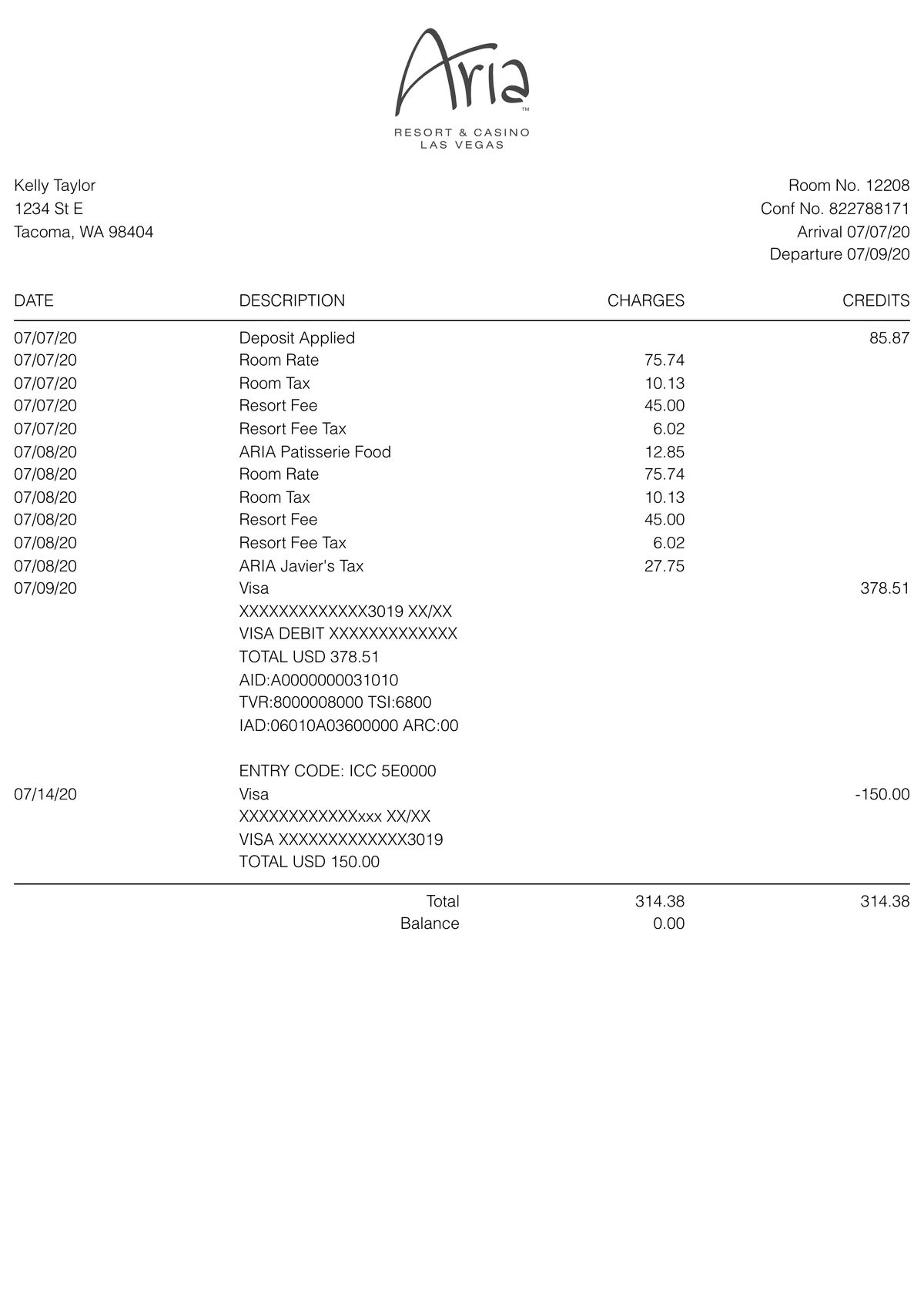 Editable Aria Hotel Receipt template preview, free receipt generator