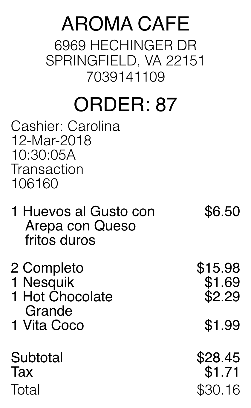 Editable Aroma Cafe Receipt template preview, free receipt generator