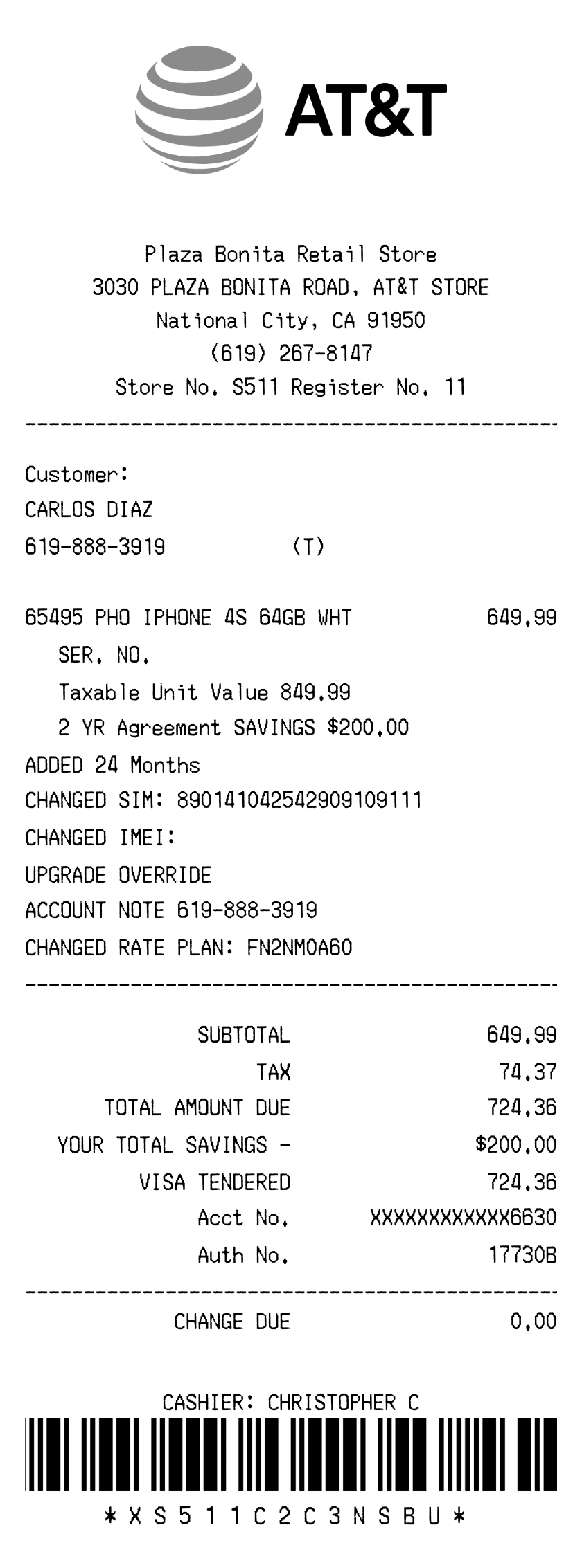 Editable AT & T Receipt template preview, free receipt generator
