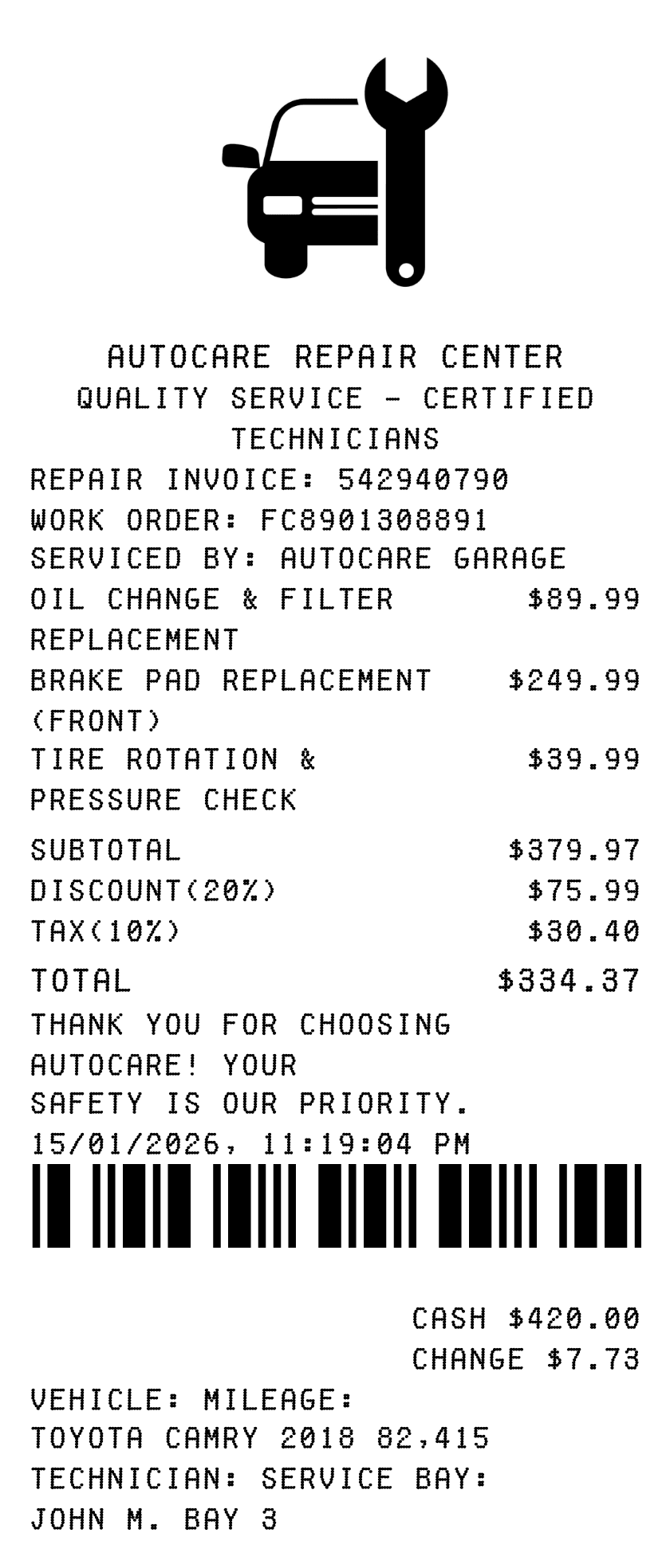 Editable AutoCare Repair Center template preview, free receipt generator