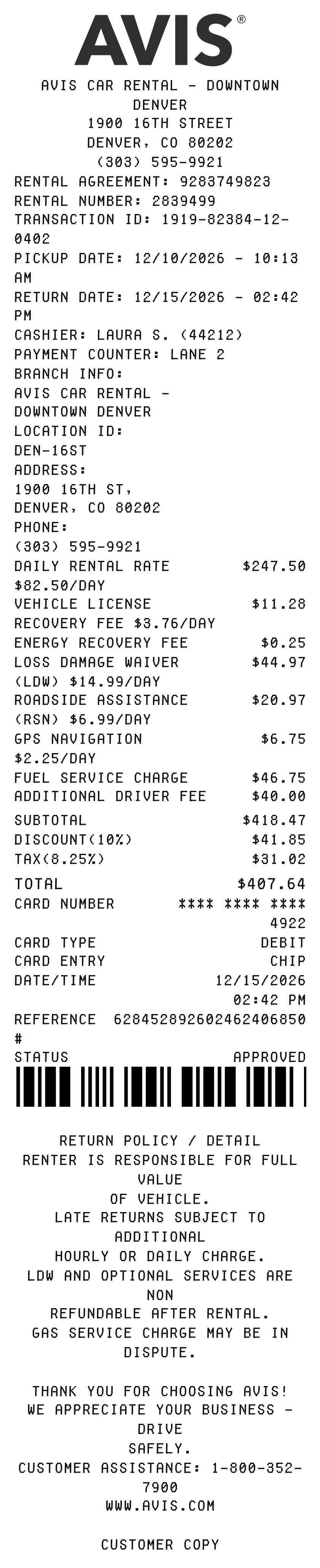 Editable AVIS Receipt template preview, free receipt generator
