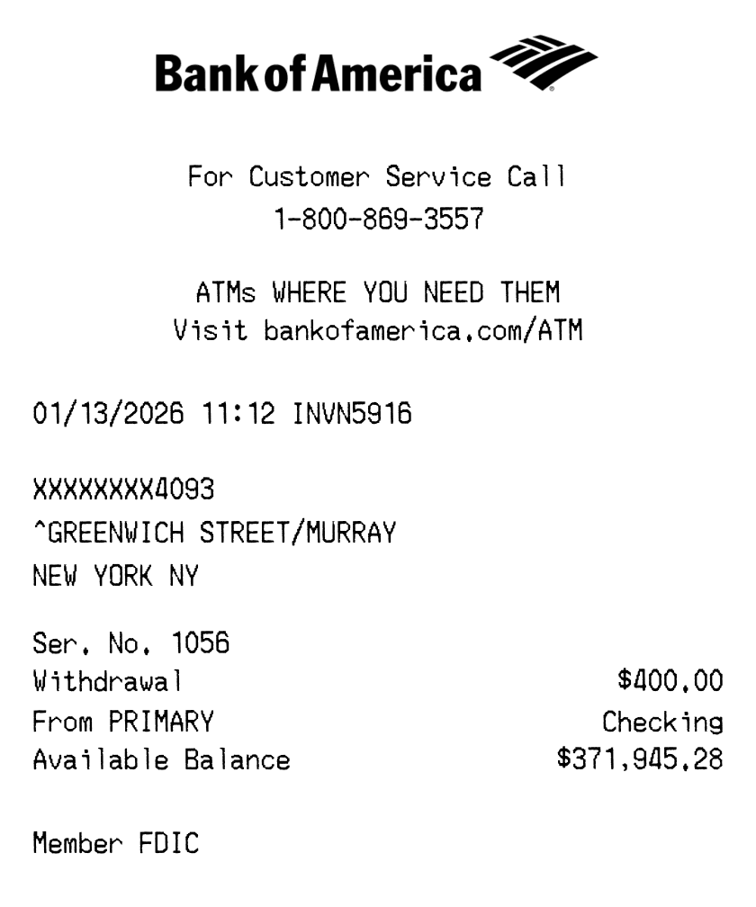Editable Bank of America Receipt template preview, free receipt generator