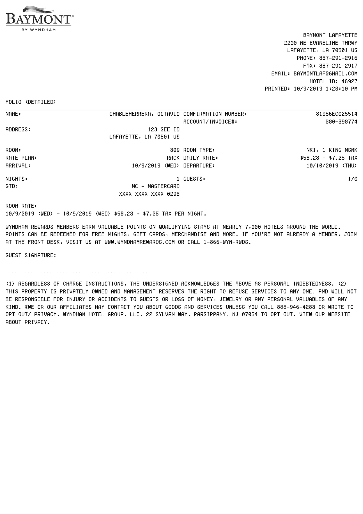 Editable Baymont Hotel Receipt template preview, free receipt generator