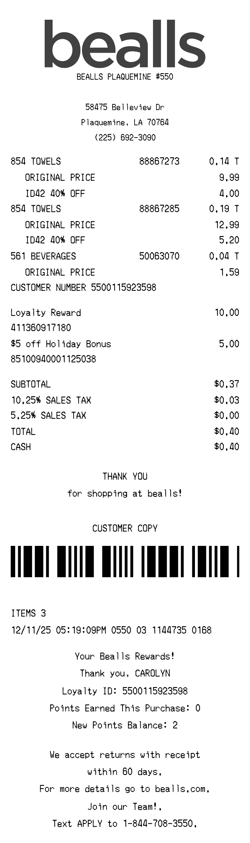 Editable Bealls Receipt template preview, free receipt generator
