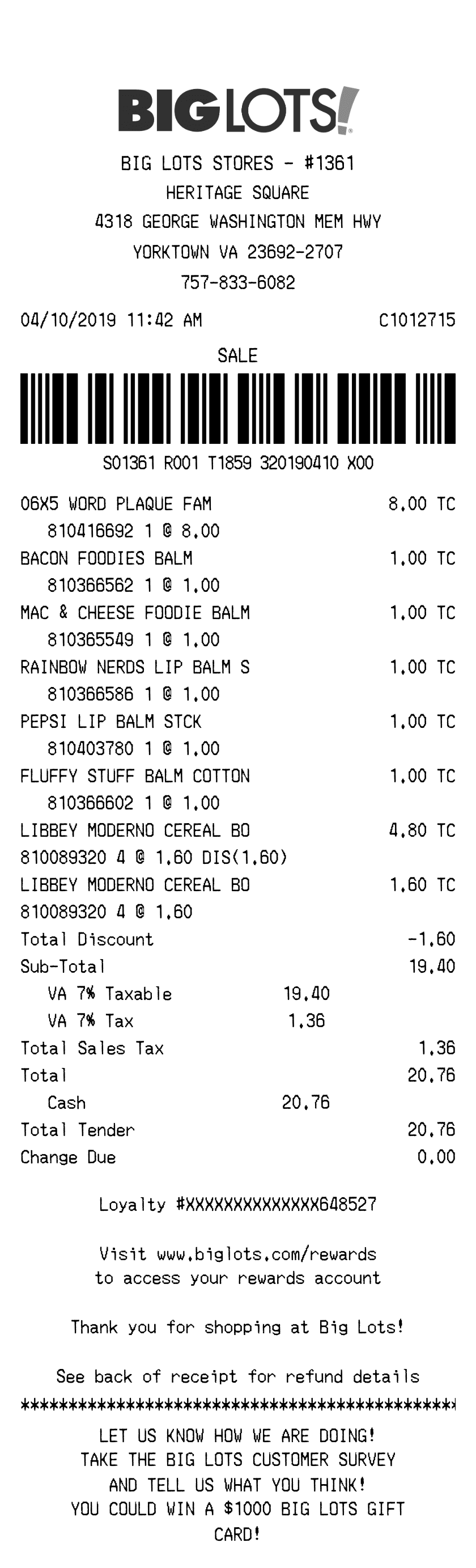 Editable Big Lots Receipt template preview, free receipt generator