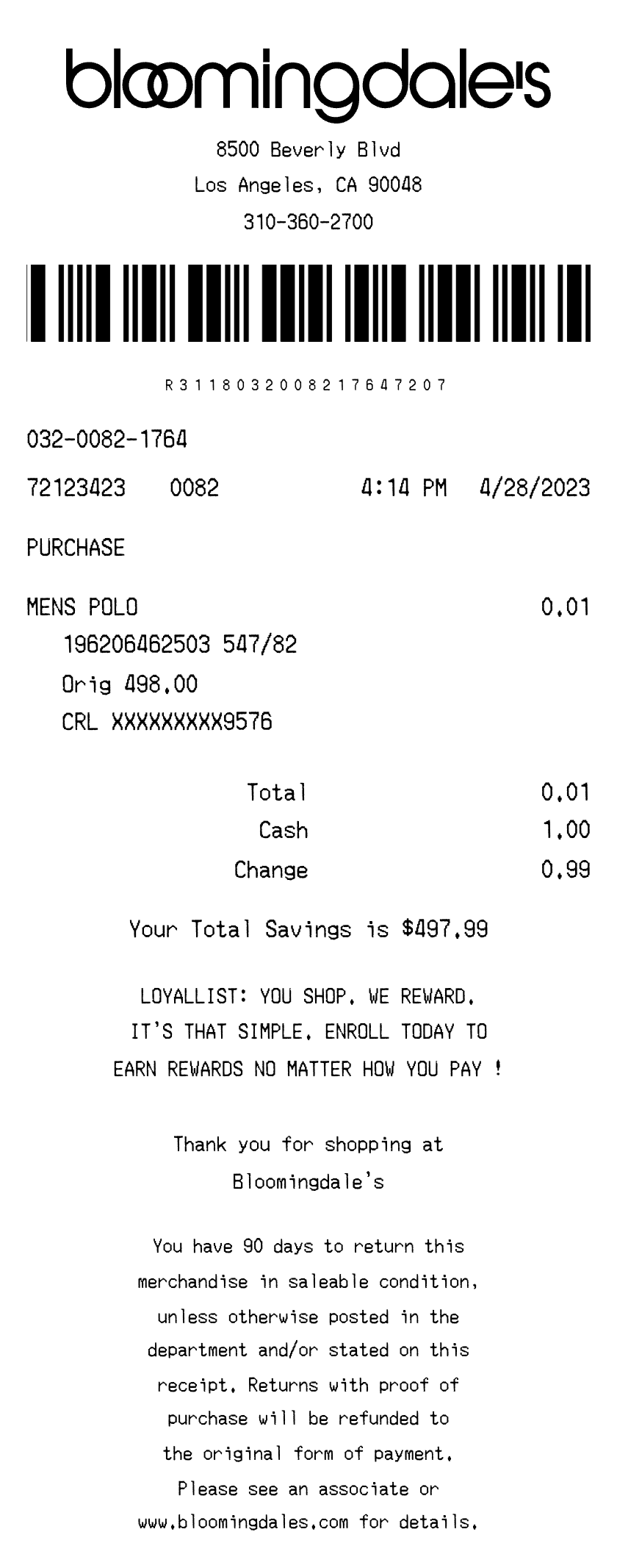 Editable Bloomingdale's Receipt template preview, free receipt generator