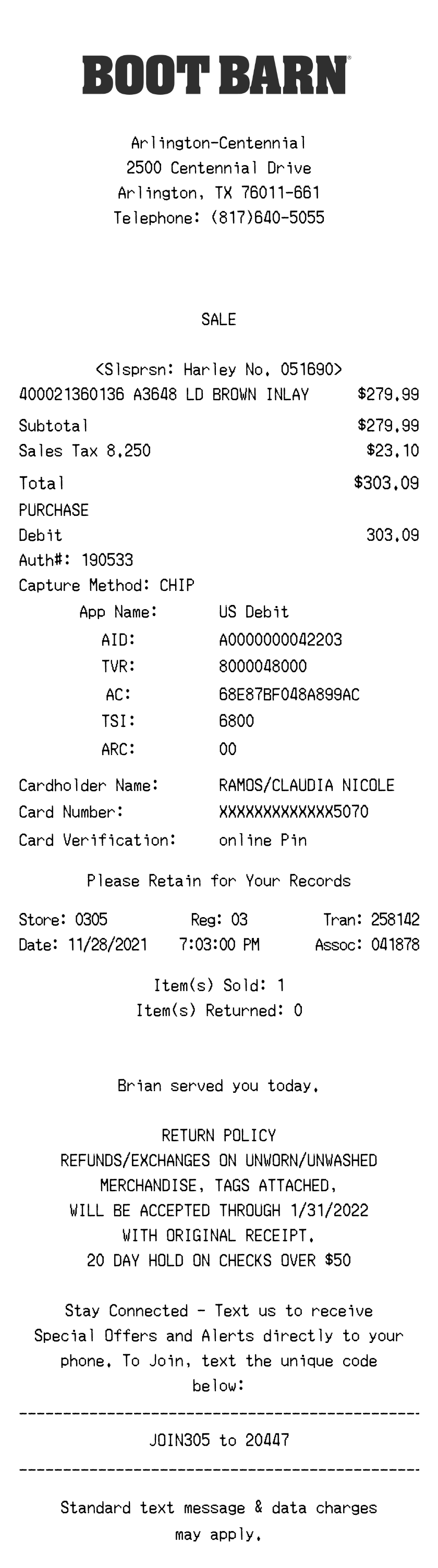 Editable Boot Barn Receipt template preview, free receipt generator