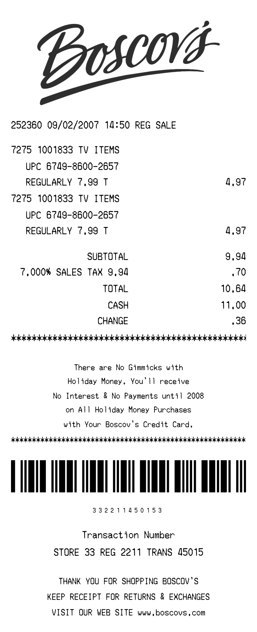 Editable Boscov's Receipt template preview, free receipt generator