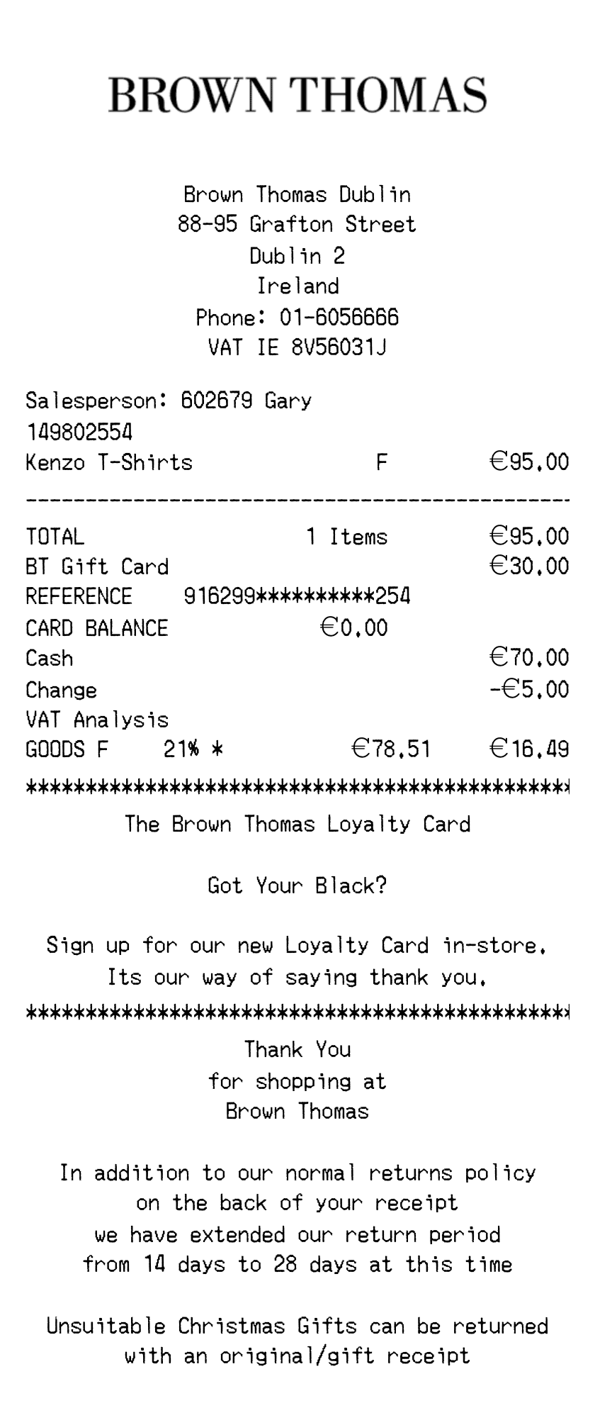 Editable Brown Thomas Receipt template preview, free receipt generator