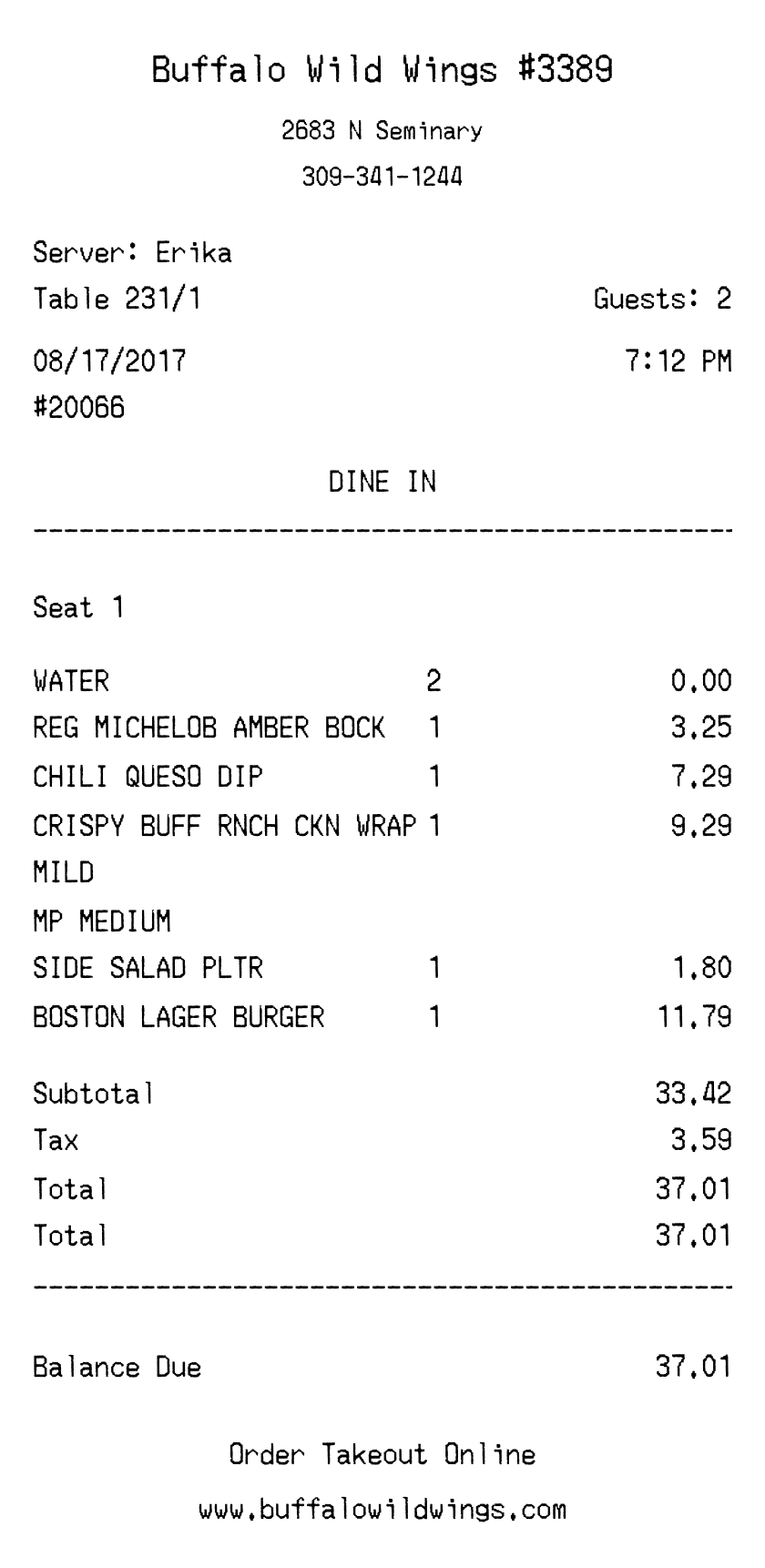 Editable Buffalo Wild Wings Receipt template preview, free receipt generator