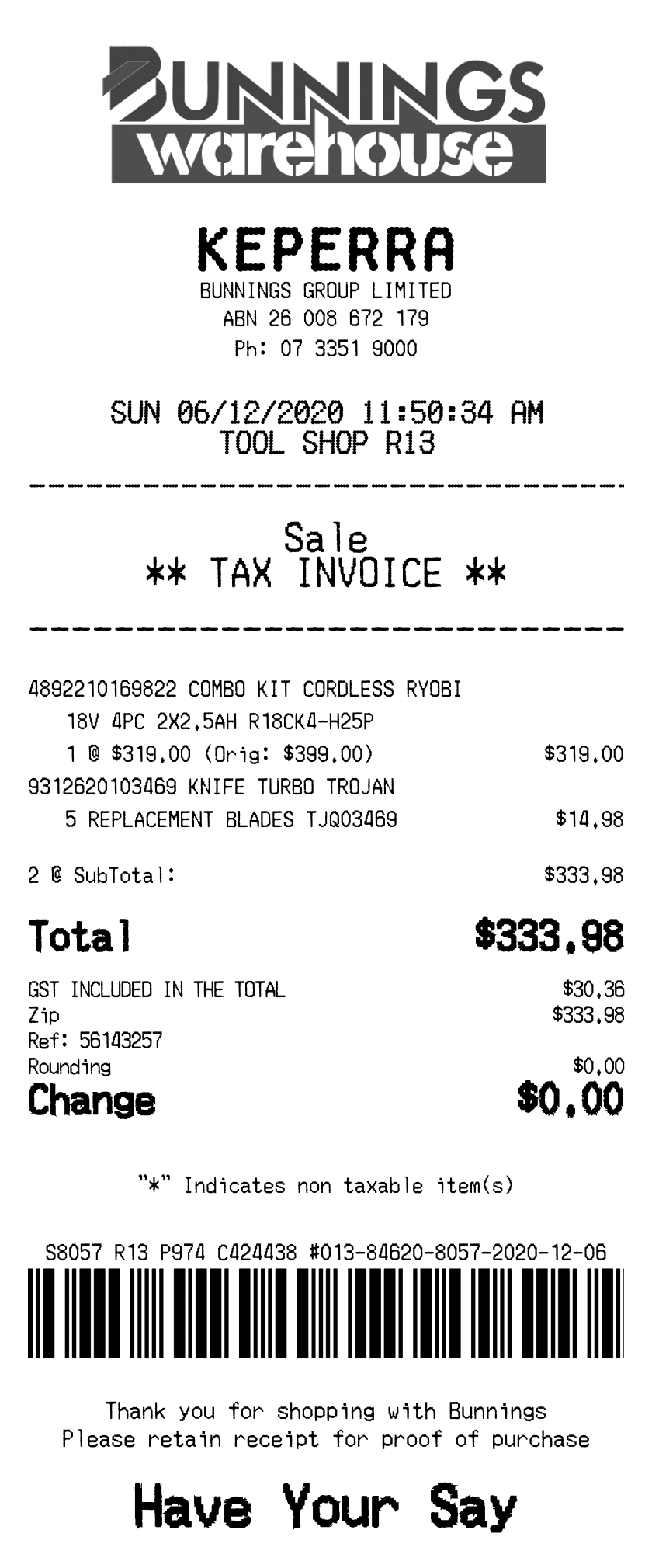 Editable Bunnings Receipt template preview, free receipt generator