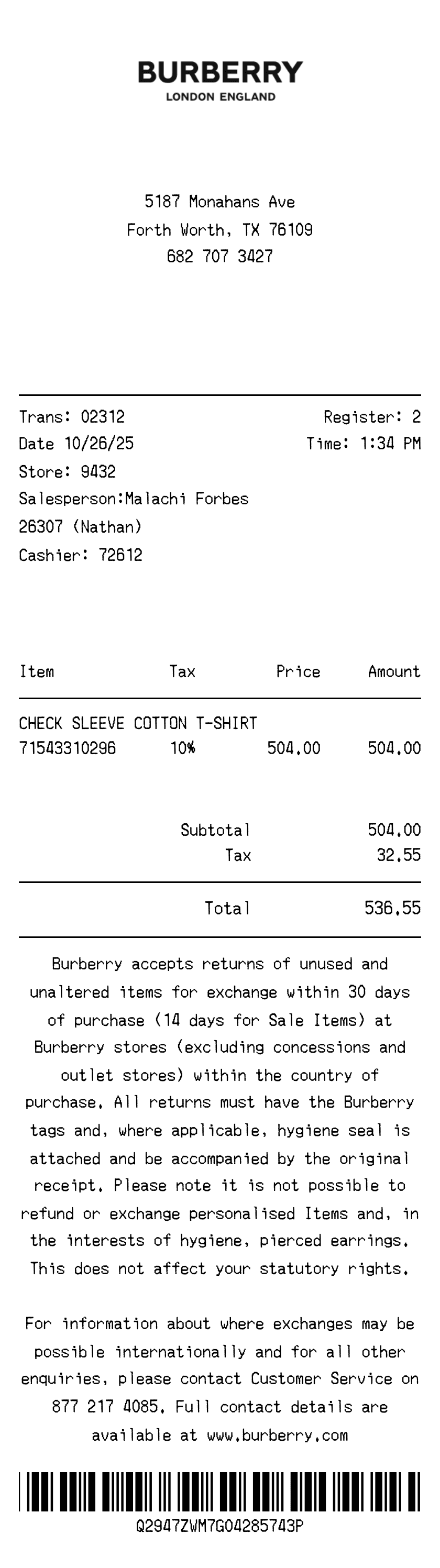 Editable Burberry Receipt template preview, free receipt generator
