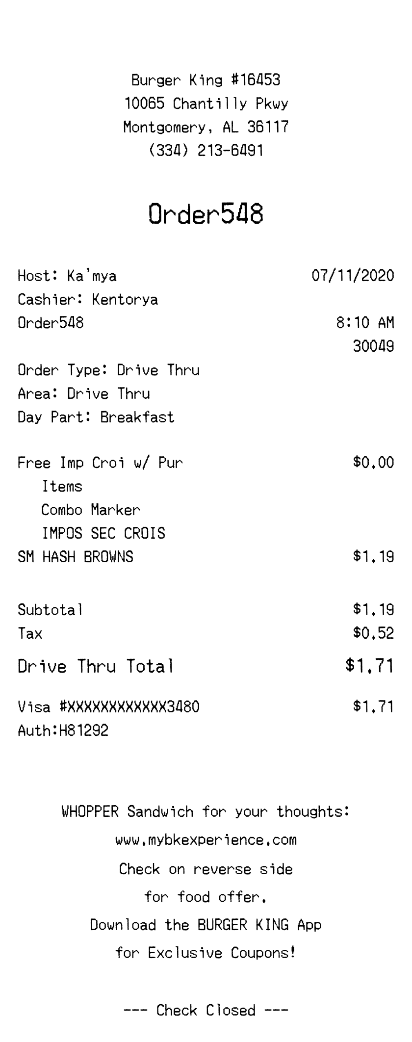 Editable Burger King Receipt template preview, free receipt generator