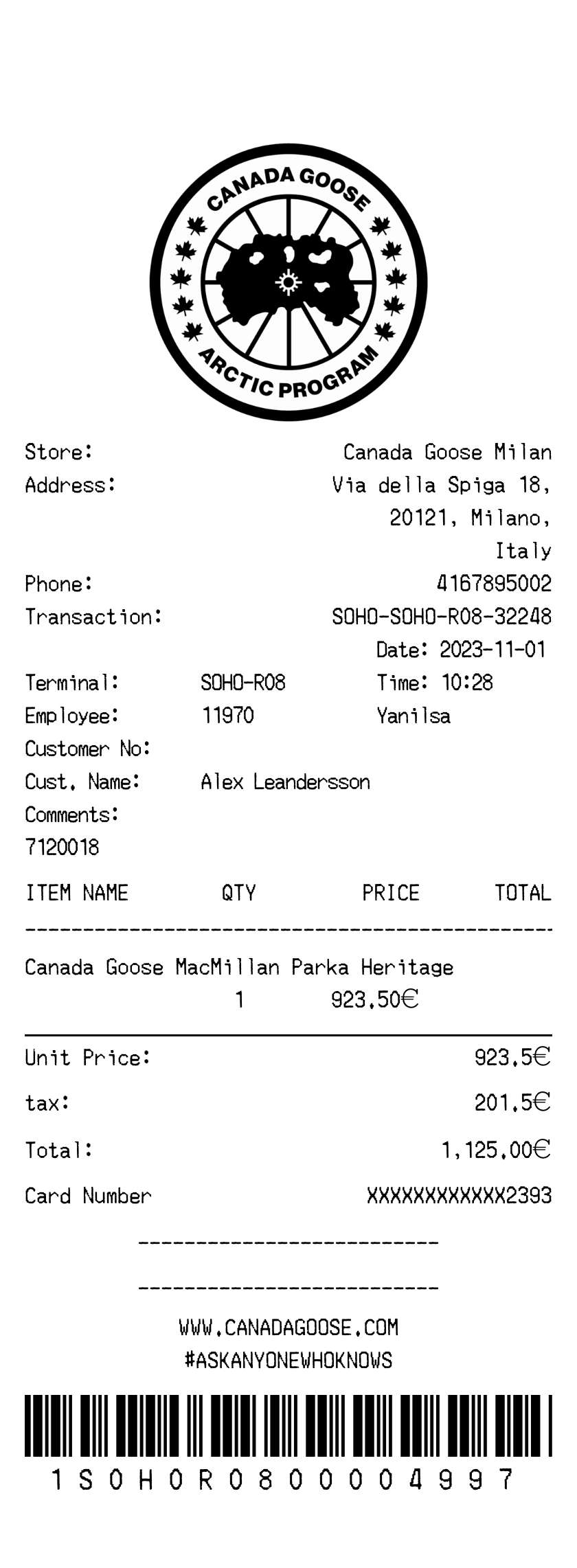Editable Canada Goose Receipt template preview, free receipt generator