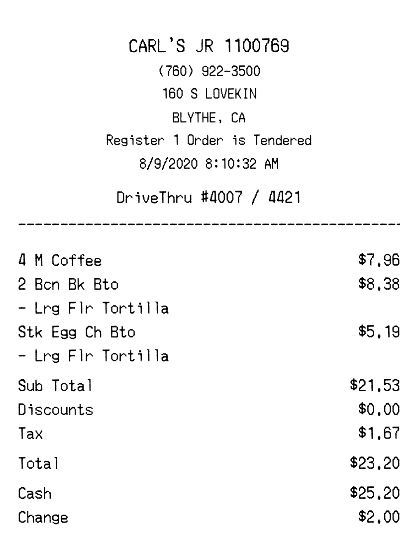 Editable Carl's Jr. Receipt template preview, free receipt generator