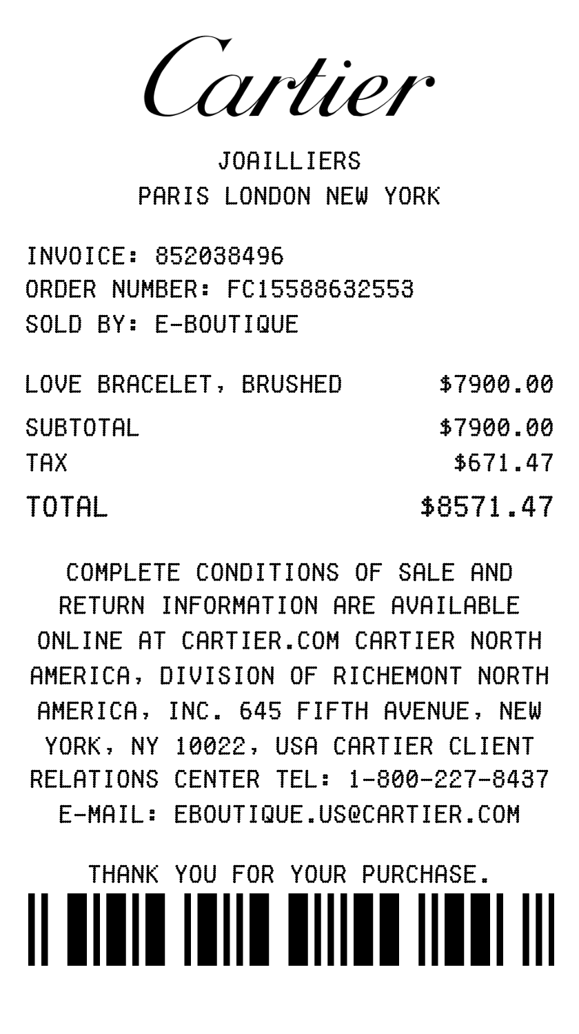 Editable Cartier Receipt template preview, free receipt generator