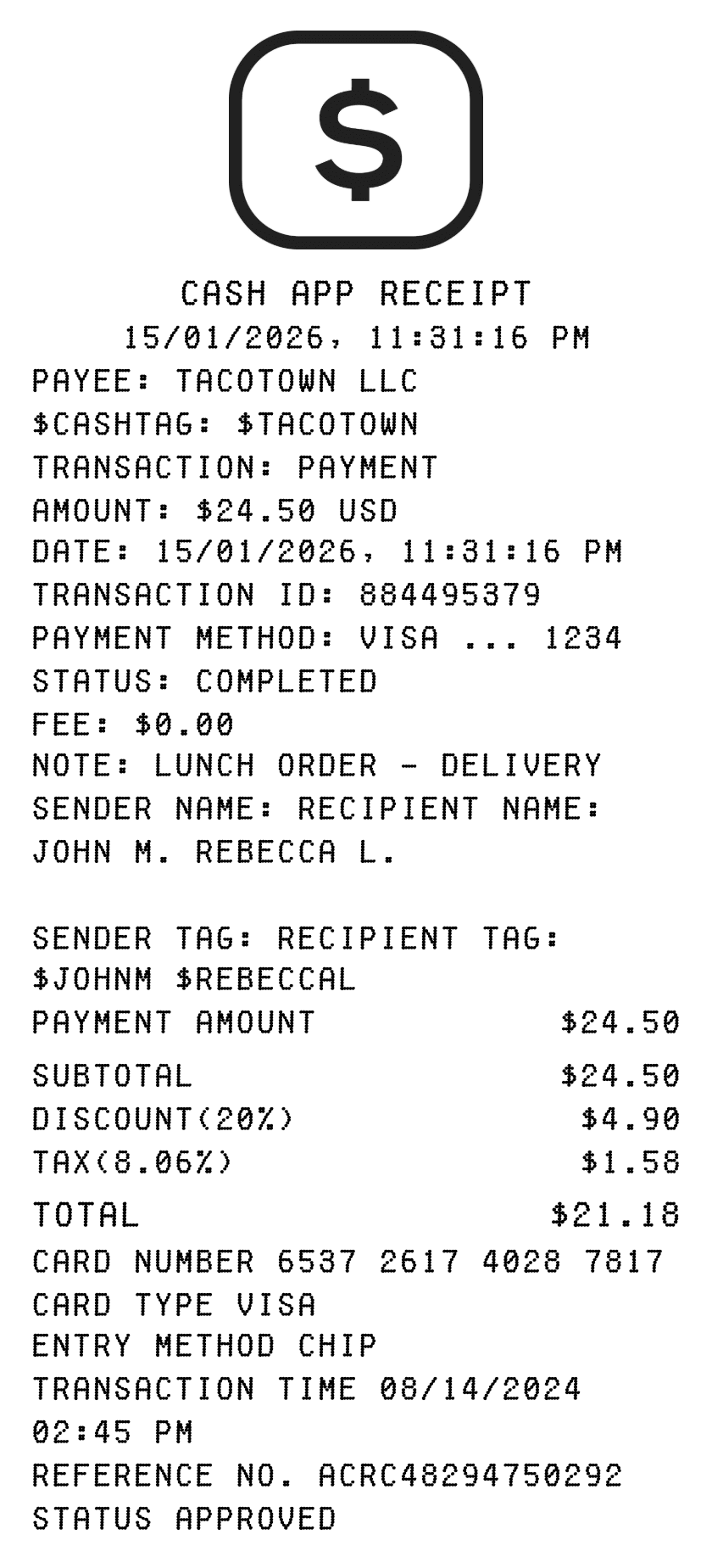 Editable Cash App Receipt template preview, free receipt generator