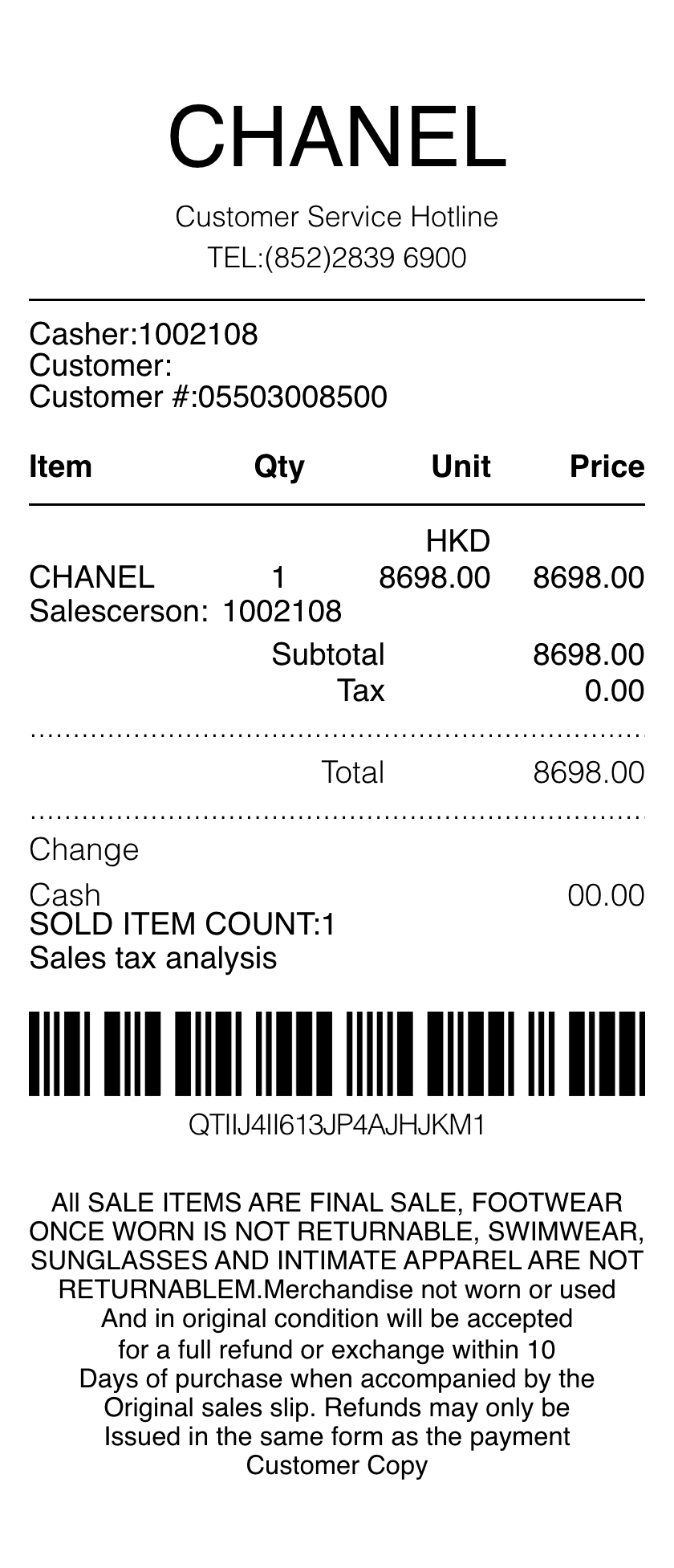 Editable Chanel Receipt template preview, free receipt generator