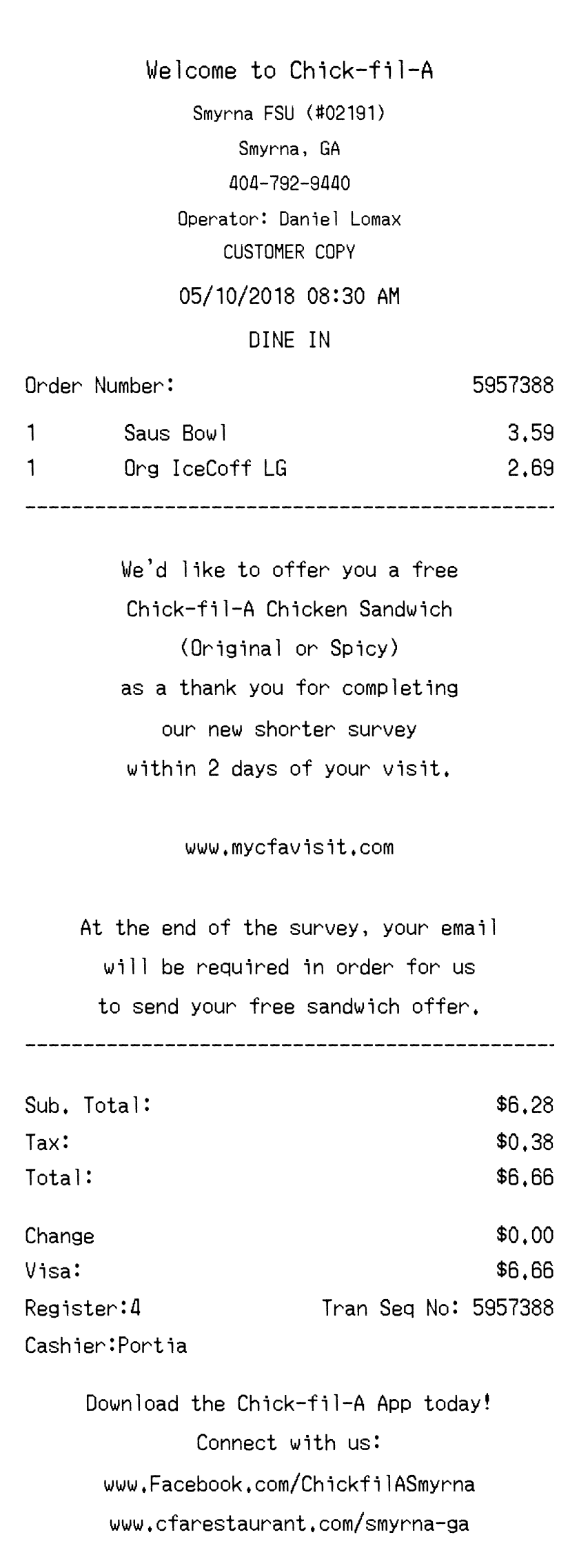Editable Chick-fil-A Receipt template preview, free receipt generator