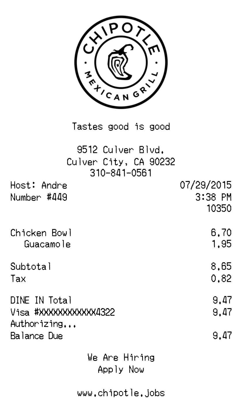 Editable Chipotle Receipt template preview, free receipt generator
