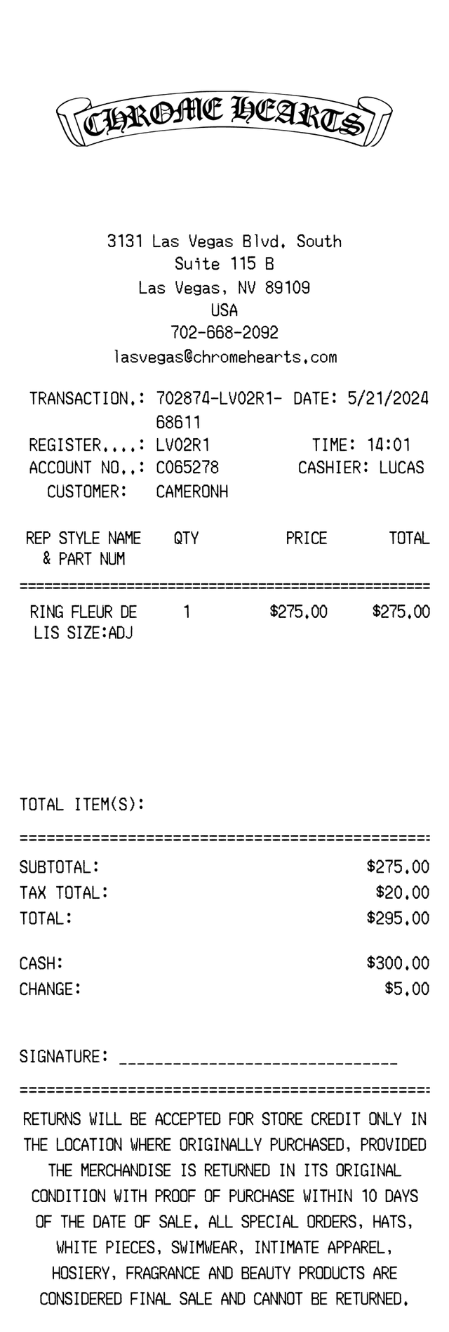 Editable Chrome Hearts Receipt template preview, free receipt generator