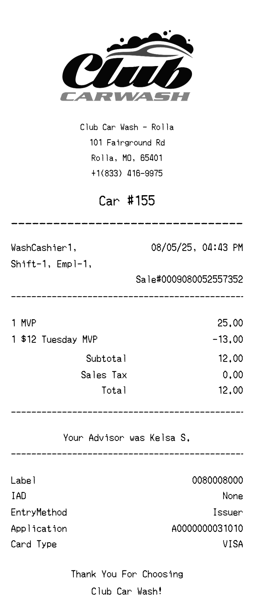 Editable Club Car Wash Receipt template preview, free receipt generator