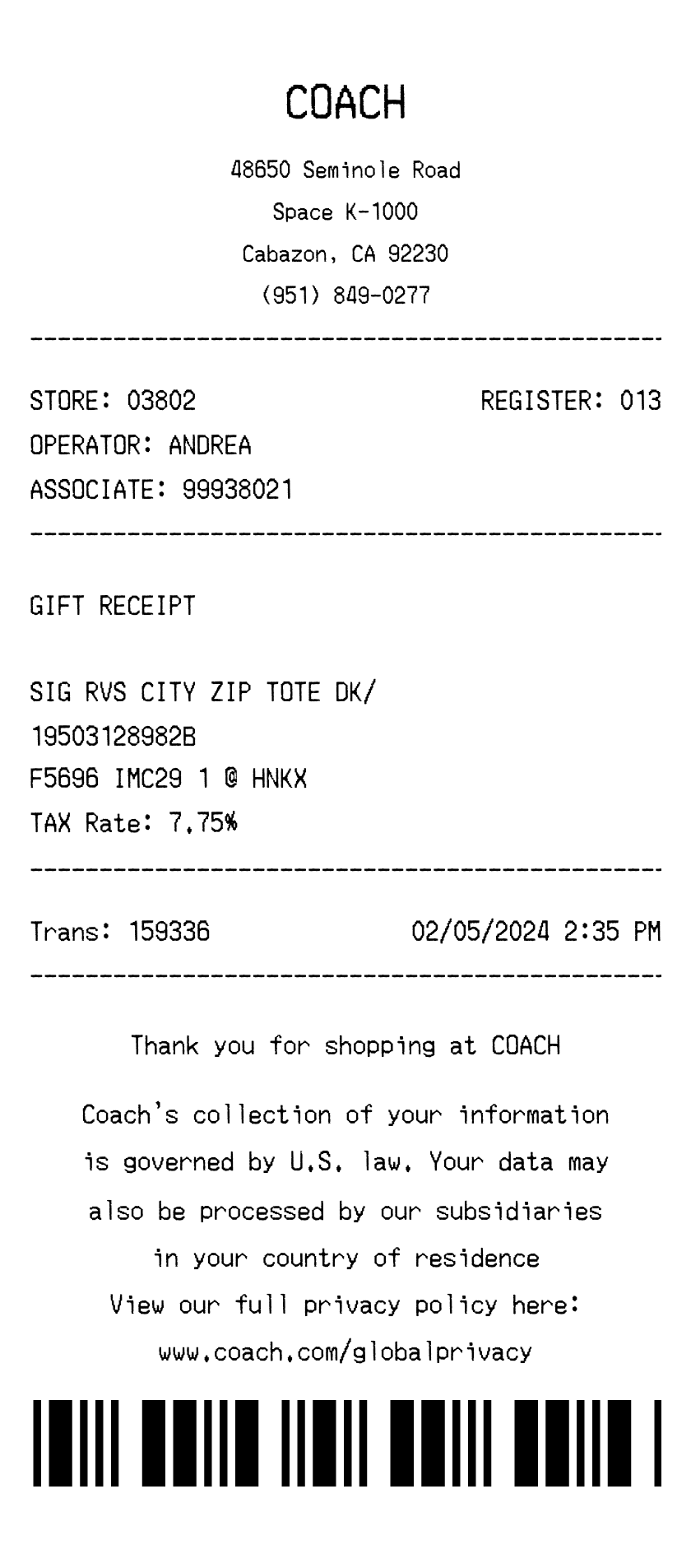 Editable Coach Receipt template preview, free receipt generator