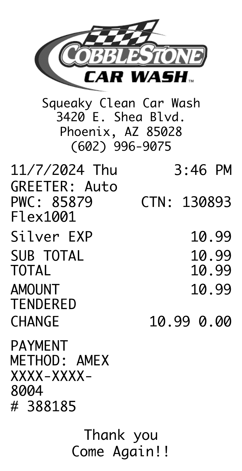 Editable Cobblestone Car Wash Receipt template preview, free receipt generator