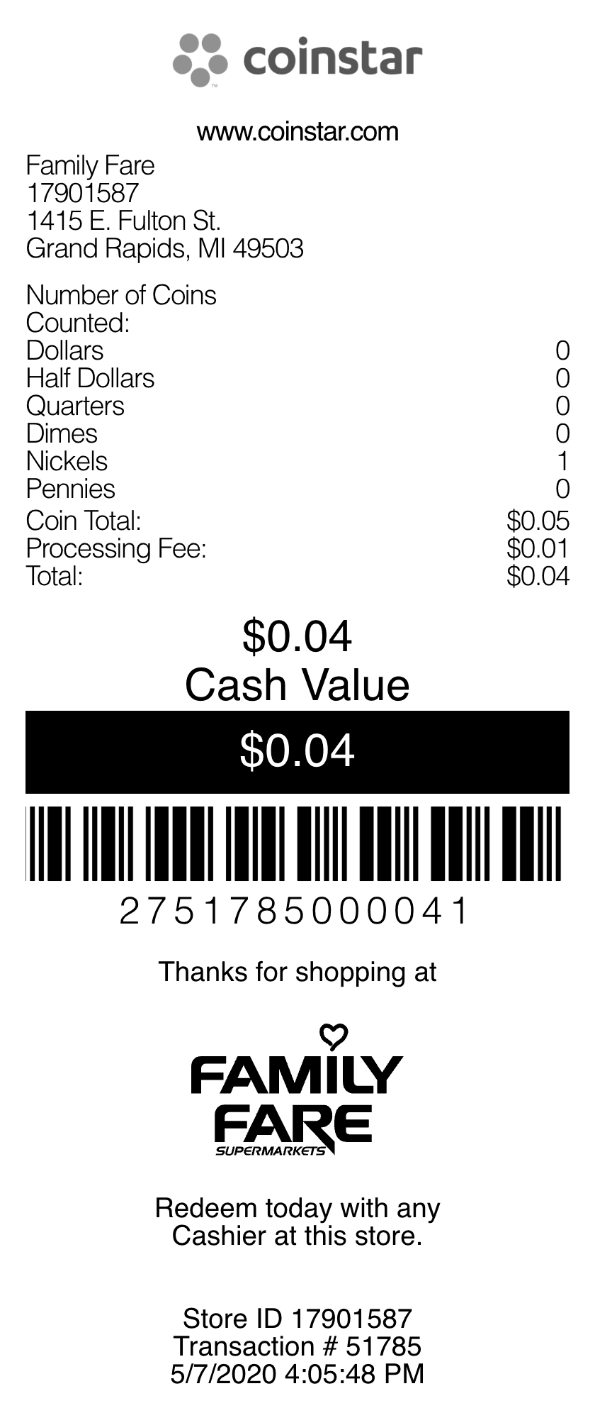 Editable Coinstar Receipt template preview, free receipt generator