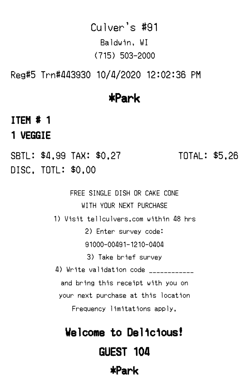 Editable Culver's Receipt template preview, free receipt generator