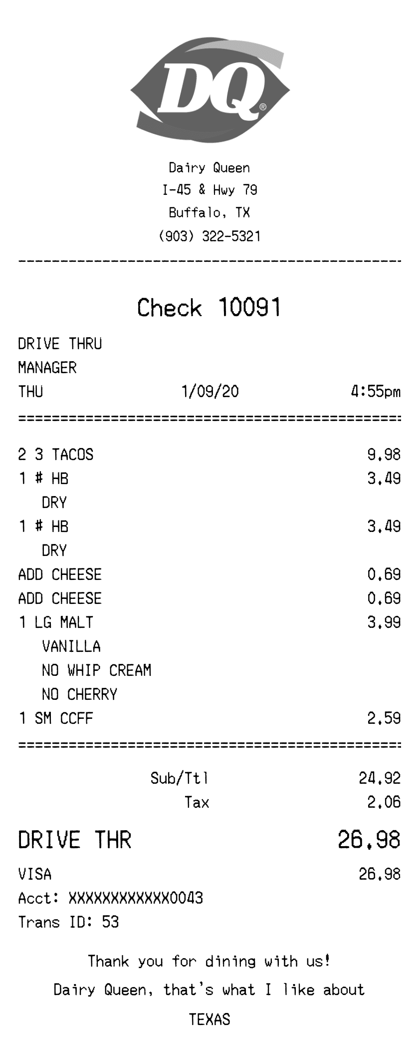 Editable Dairy Queen Receipt template preview, free receipt generator