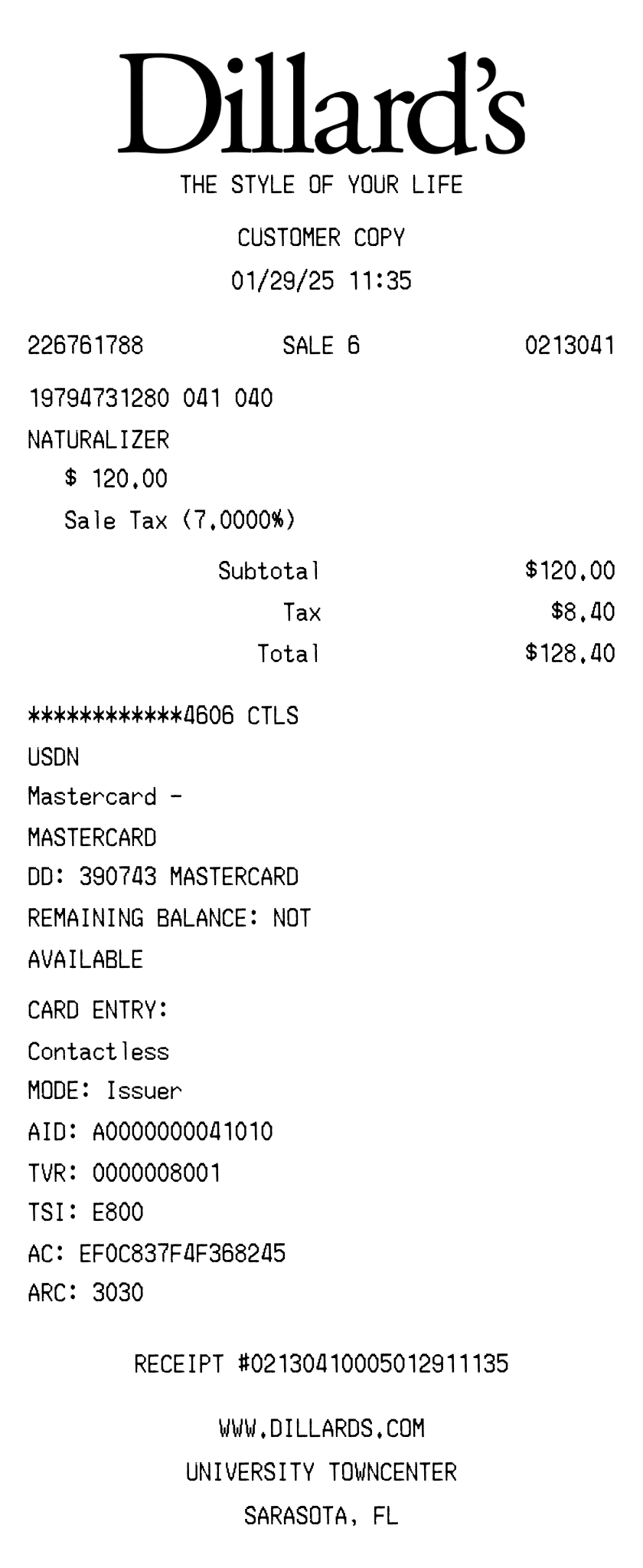 Editable Dillards Receipt template preview, free receipt generator