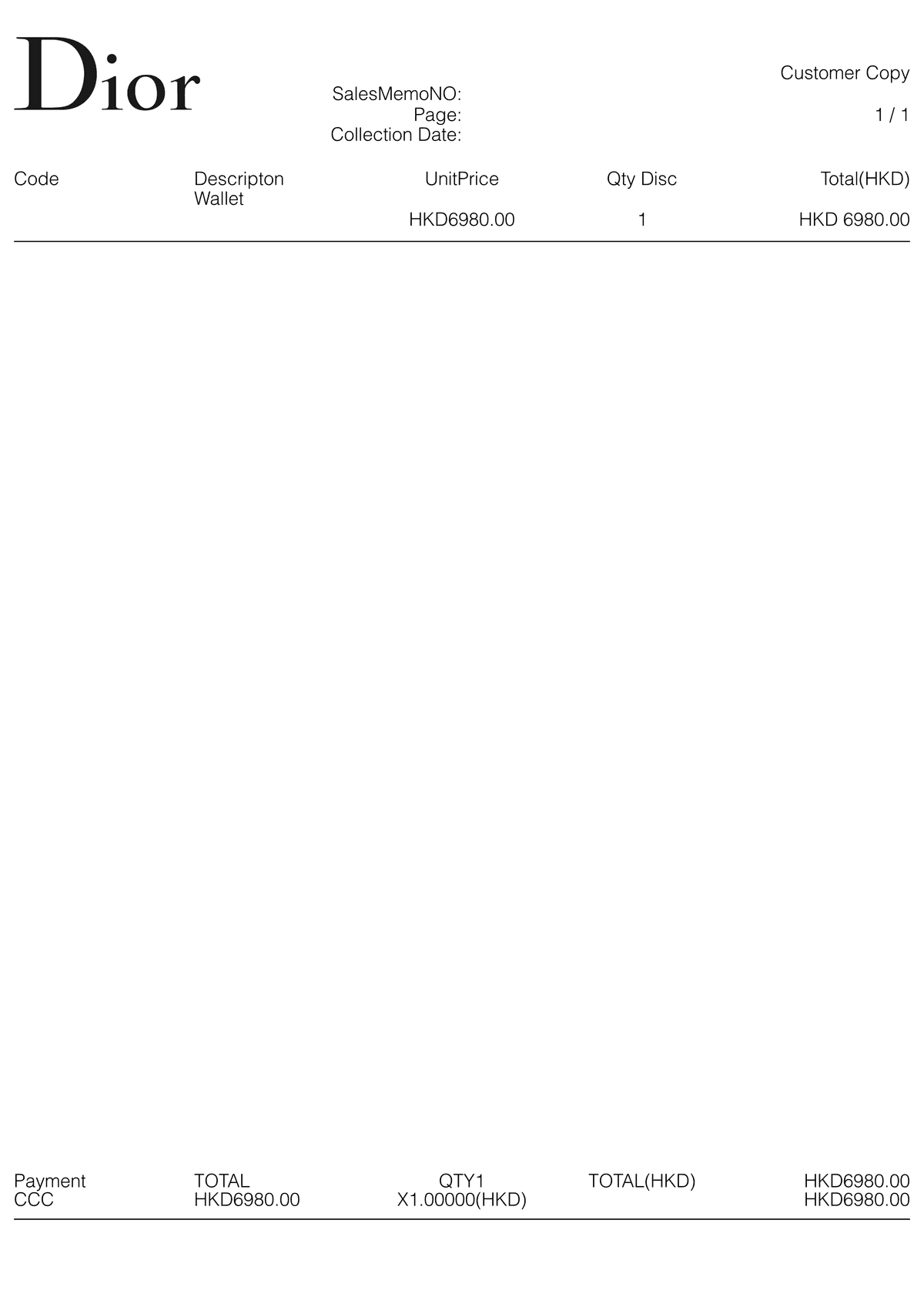 Editable Dior Receipt template preview, free receipt generator