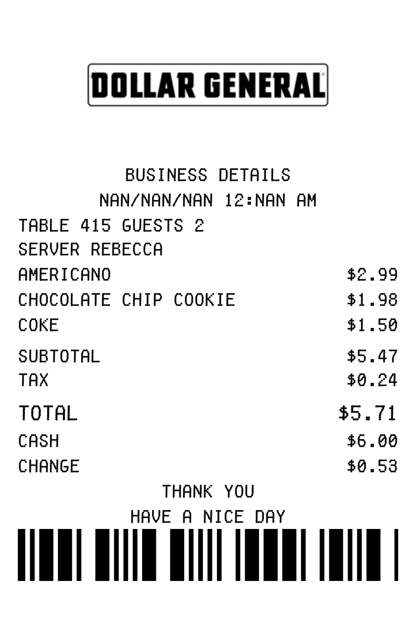 Editable Dollar General Receipt template preview, free receipt generator