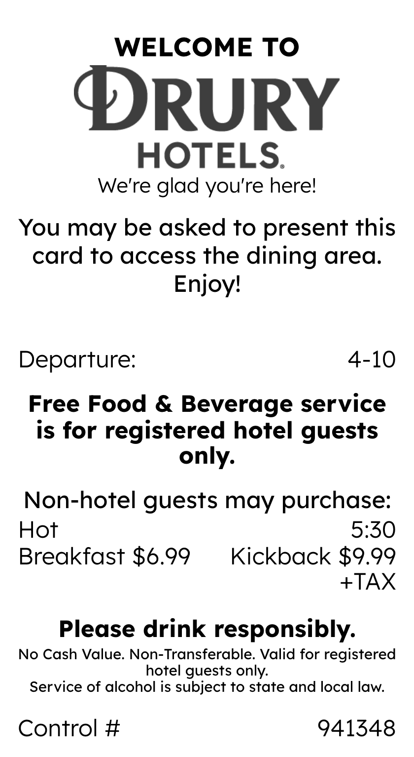 Editable Drury Hotel Receipt template preview, free receipt generator