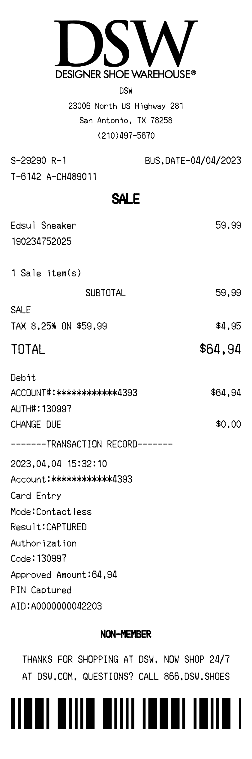 Editable DSW Receipt template preview, free receipt generator